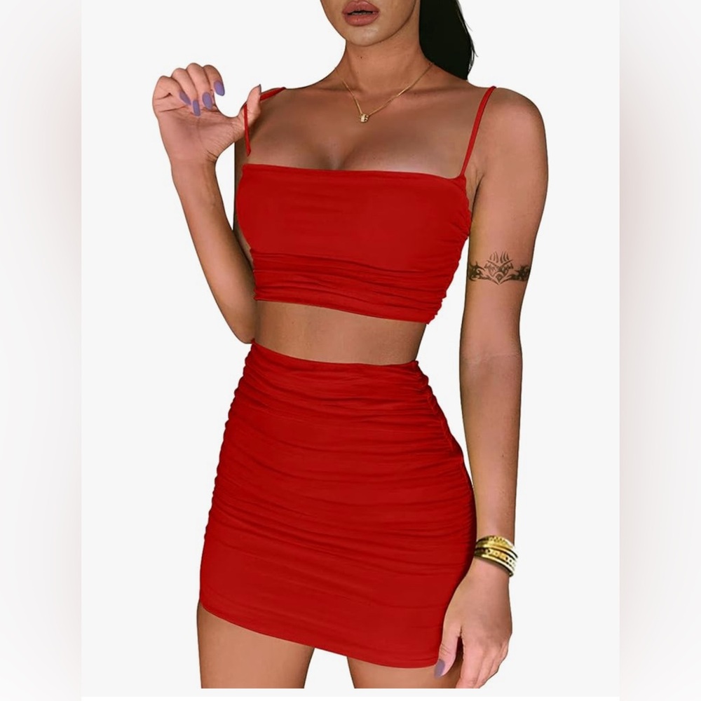 Red 2 Piece Outfit Ruched Cami Crop Top Bodycon Skirt